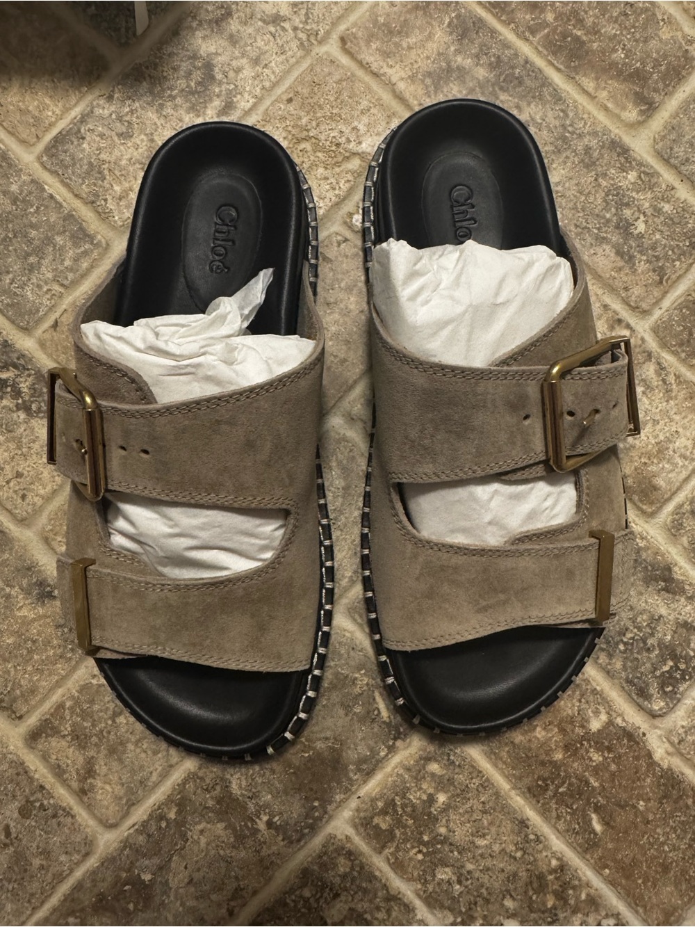 NWT Chloé Rebecca Suede Double-Buckle Slide Sandals in Greige - Picture 4 of 5